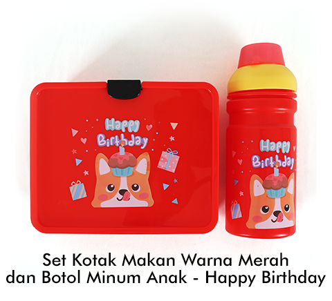 Set Kotak Makan Warna Merah dan Botol Minum Anak - Happy Birthday